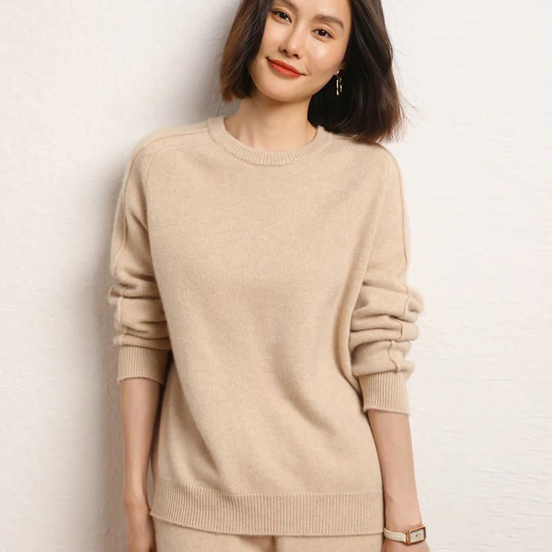 

Round Neck Thickened Lazy Style Cashmere Sweater For Women's Winter Long Sleeved Solid Color Pullover Knitted Jumper Top