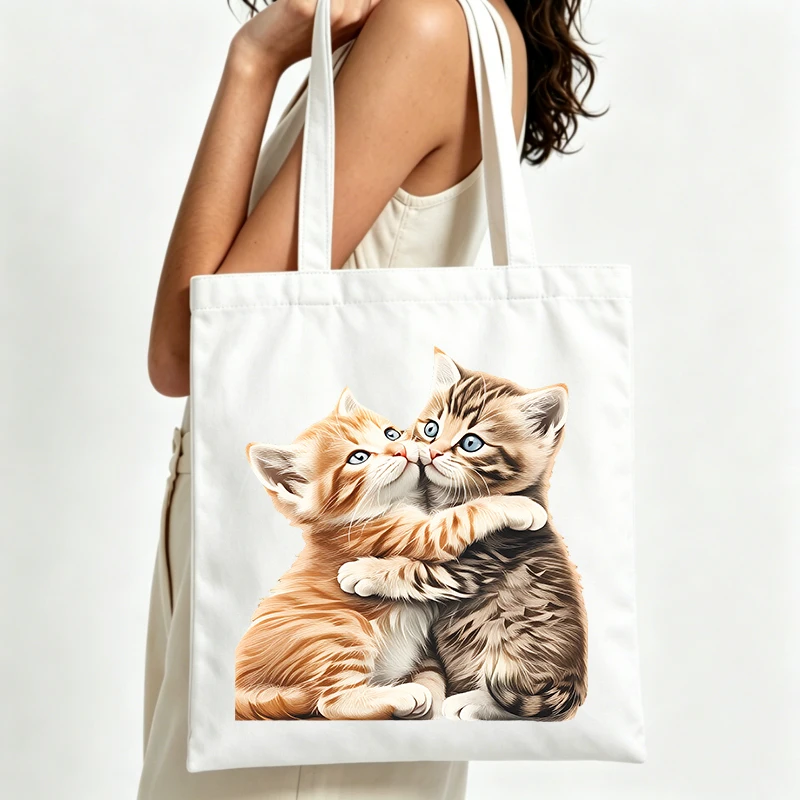 cute cat graphic canvas tote bag, casual style for daily shopping and weekend outings