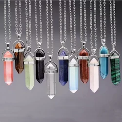 Natural stone pendant necklace quartz crystals hexagonal column pendulum leather necklaces hexagon rose crystal necklace