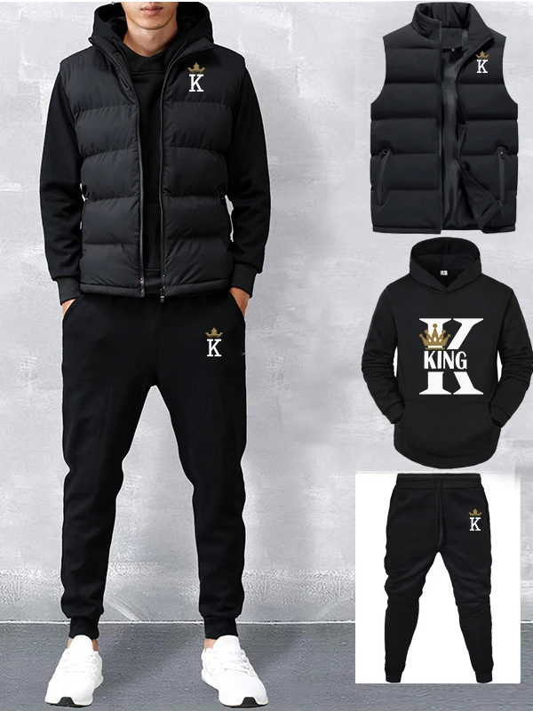 男性と女性のフリース裏地付きジャケットスウェットシャツ-3-点セット-プリント-k-レター-スポーツ-スーツ-カジュアルウェア-ポリエステル繊維