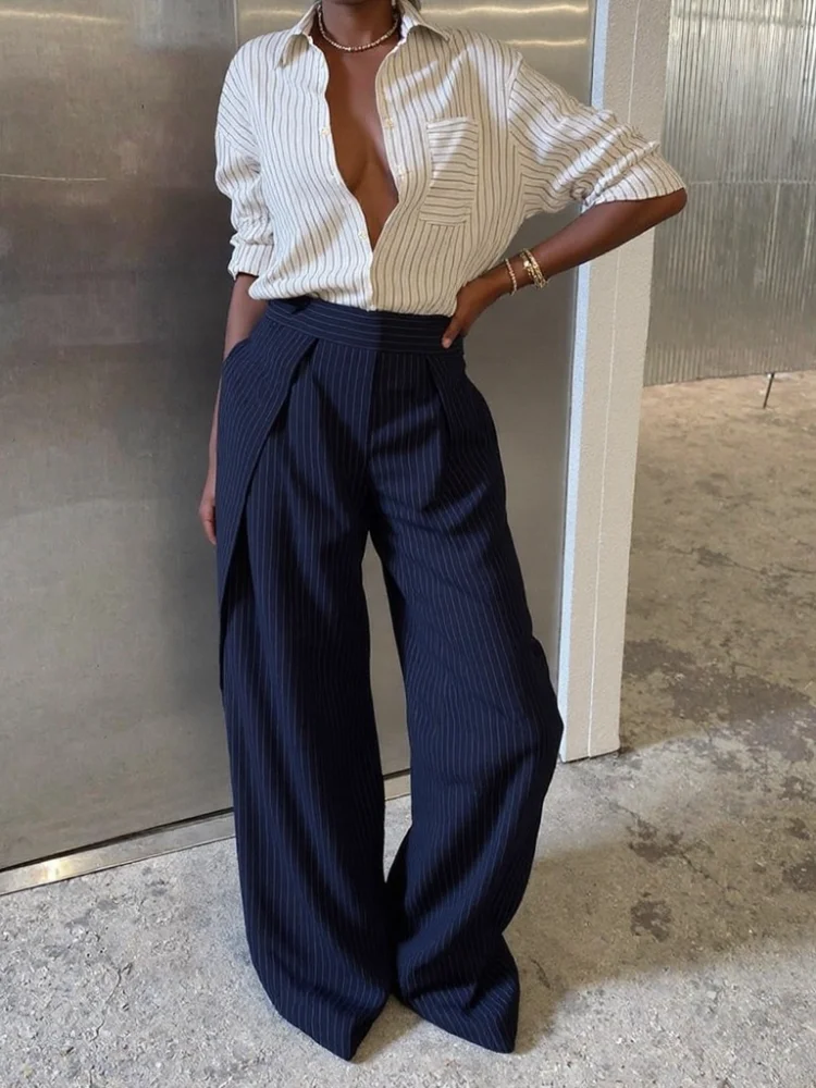 กางเกงขายาวเอวสูงทรงหลวม แฟชั่นฤดูใบไม้ร่วงฤดูหนาว 2025 กางเกงลำลองสไตล์ชิคสำหรับผู้หญิง ลายทางแบบไม่สมมาตร