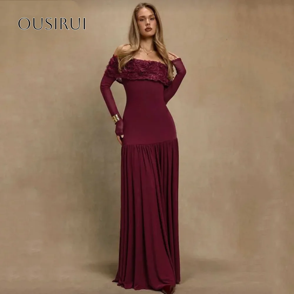 Schulterfreies A-Linien-Abendkleid mit Blumenmuster, Chiffon, lange Ärmel, bodenlanges Ballkleid, maßgeschneidertes Hochzeitskleid