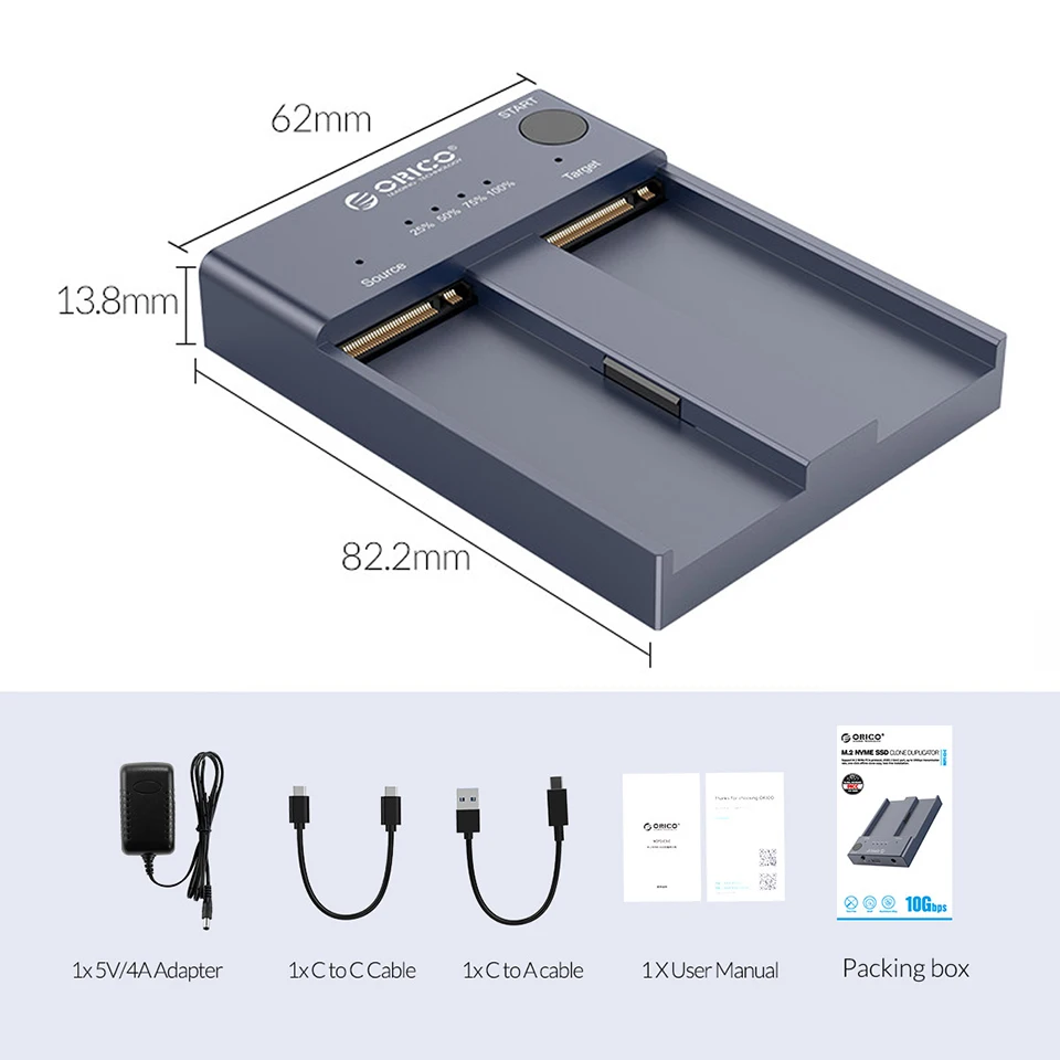 Imagem -06 - Orico M.2 Nvme Ssd Gabinete Offline Clone 10gbps Usb c Gen2 Case Externo Disco Rígido Porta de Baía Dupla Caixa de Armazenamento Copiadora