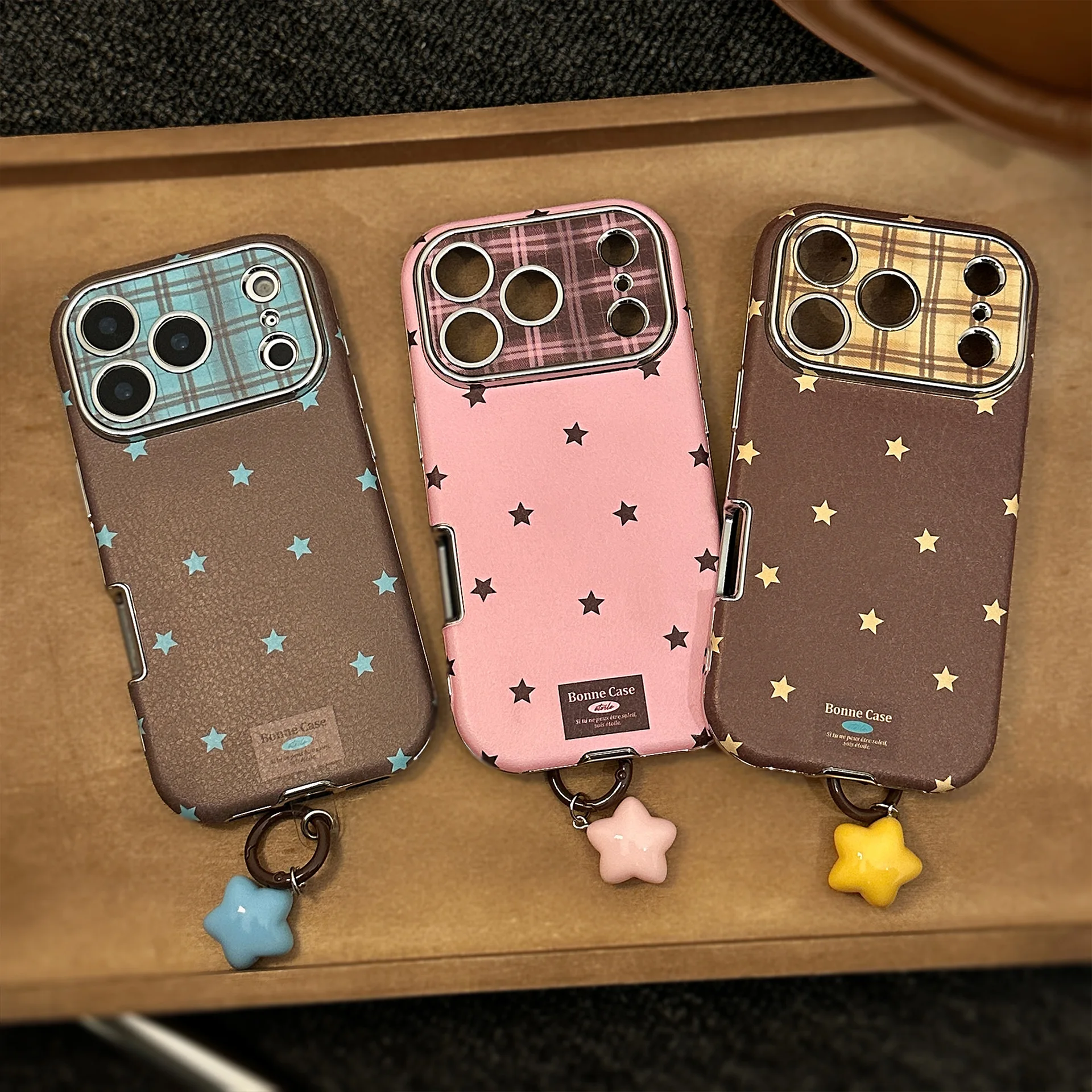 Korean Plating Stars Pattern Faux Leather Phone Case For iPhone 17 16 15 14 13 12 11 Pro Max With Pendant Shockproof Soft Cover
