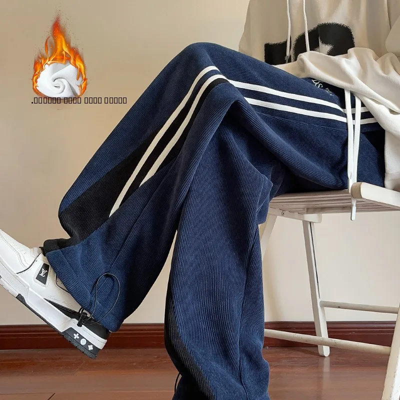 

Мужские зимние повседневные брюки свободного кроя с полосками, утепленные флисом, прямые, спортивные, цвета кобальтовый синий, новинка