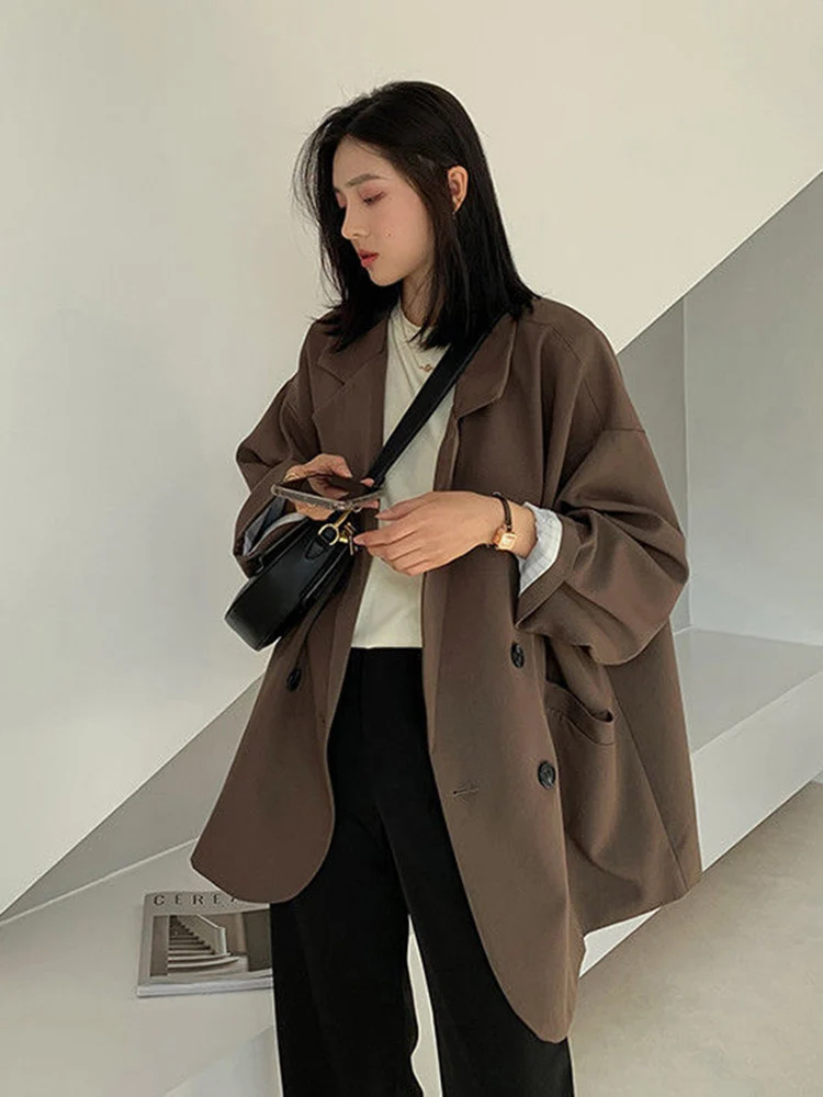 Blazers Women Minimalist Outwear Loose Elegant Vintage Office Ladies Coats Fashion High Street Double Breasted Clothes