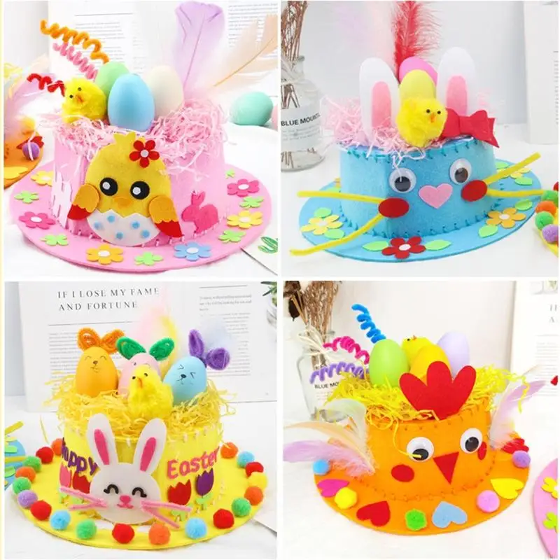 

16FC Children DIY Easter Non Woven Fabric Hat Bunny Egg Material Handmade Crafts for Kid Holiday Cartoon