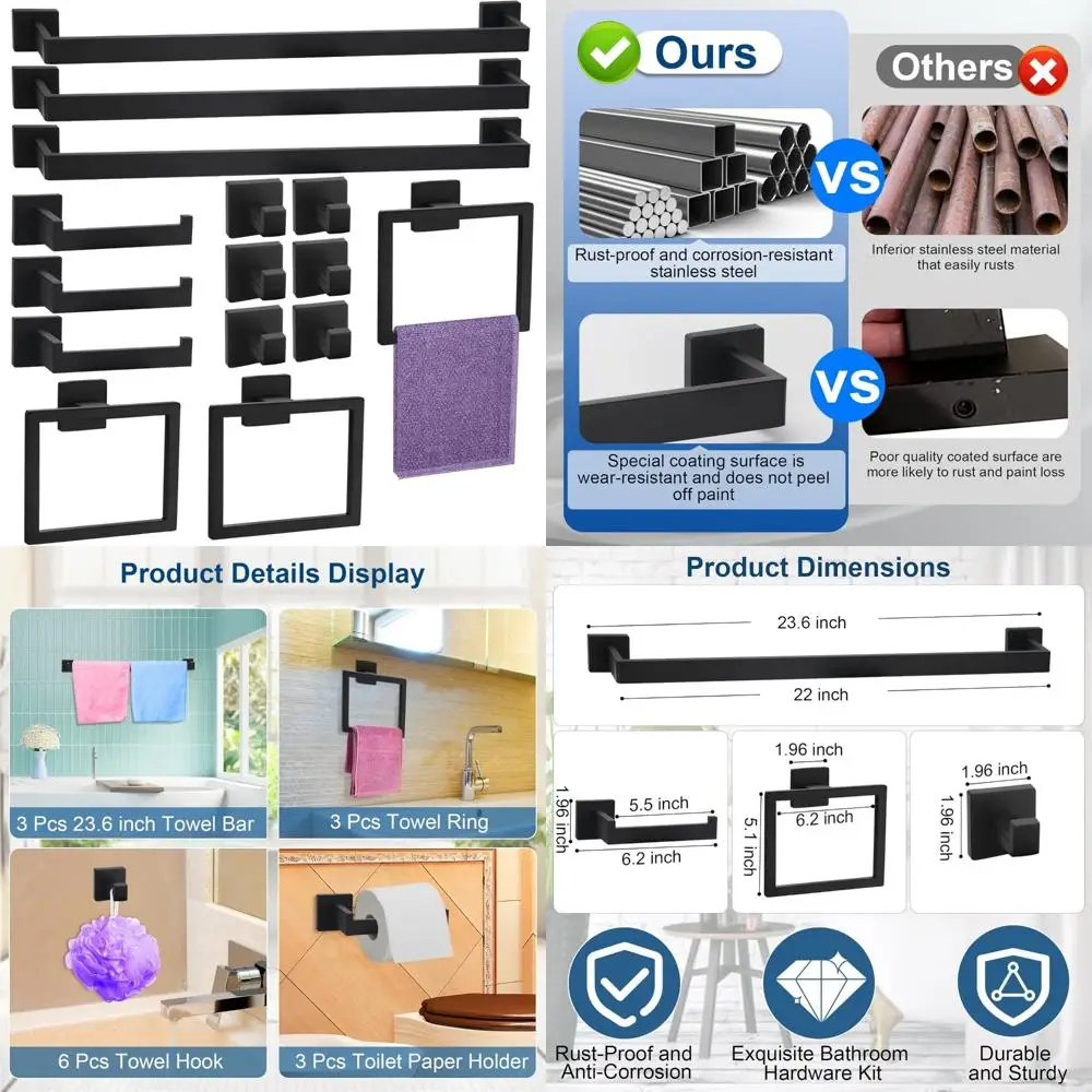 

Matte Black Bathroom Hardware Set - 15 Piece Towel Racks and Bath Accessories for Modern Bathroom Decor