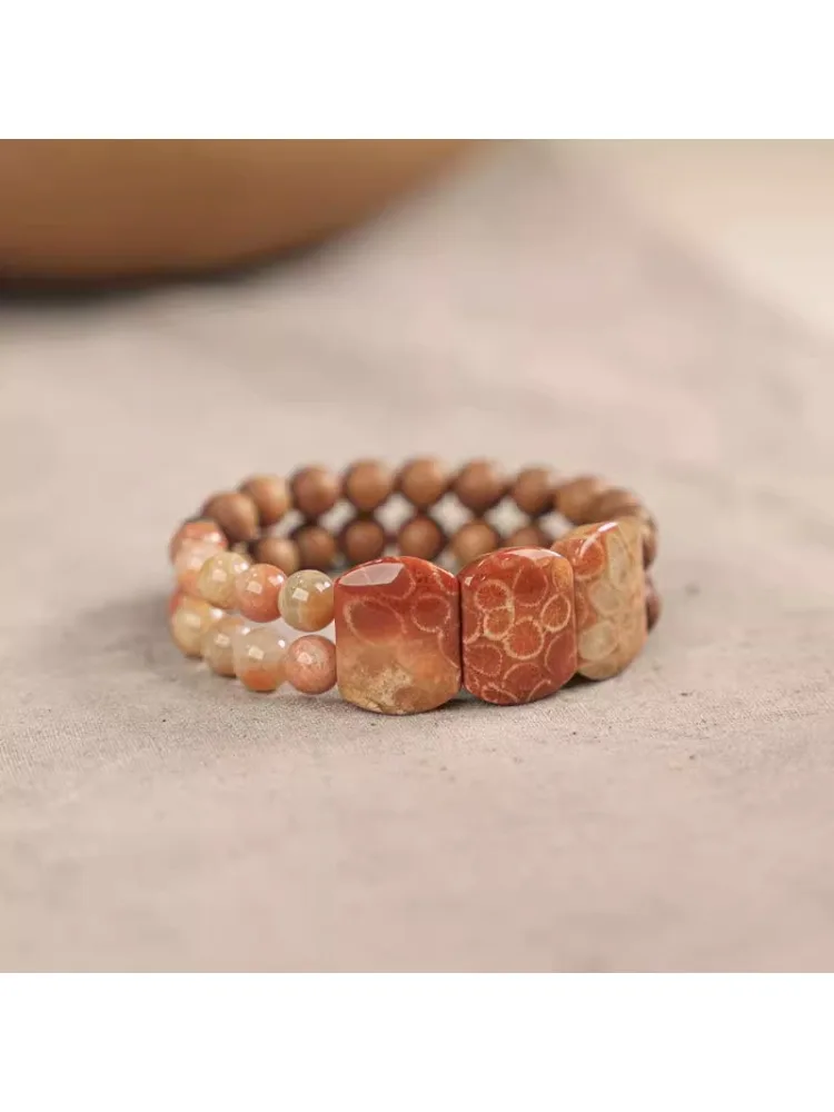 H Personalisierter Ethno-Stil Sandelholz Korallenstein Handreihe Schmuck Herren handgemachtes Design Doppelschicht-Armband Damen