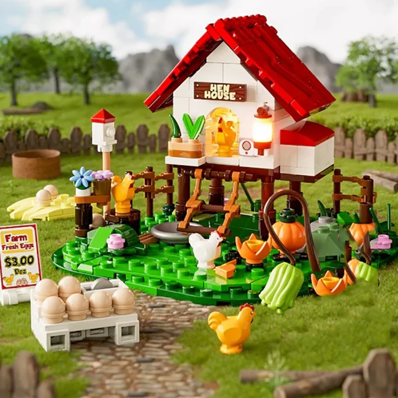 Mini chicken coop House with figures Buildings Sets, City LED Model MOC Modular Buildings Blocks Gift for Adults Kids 323 PCS