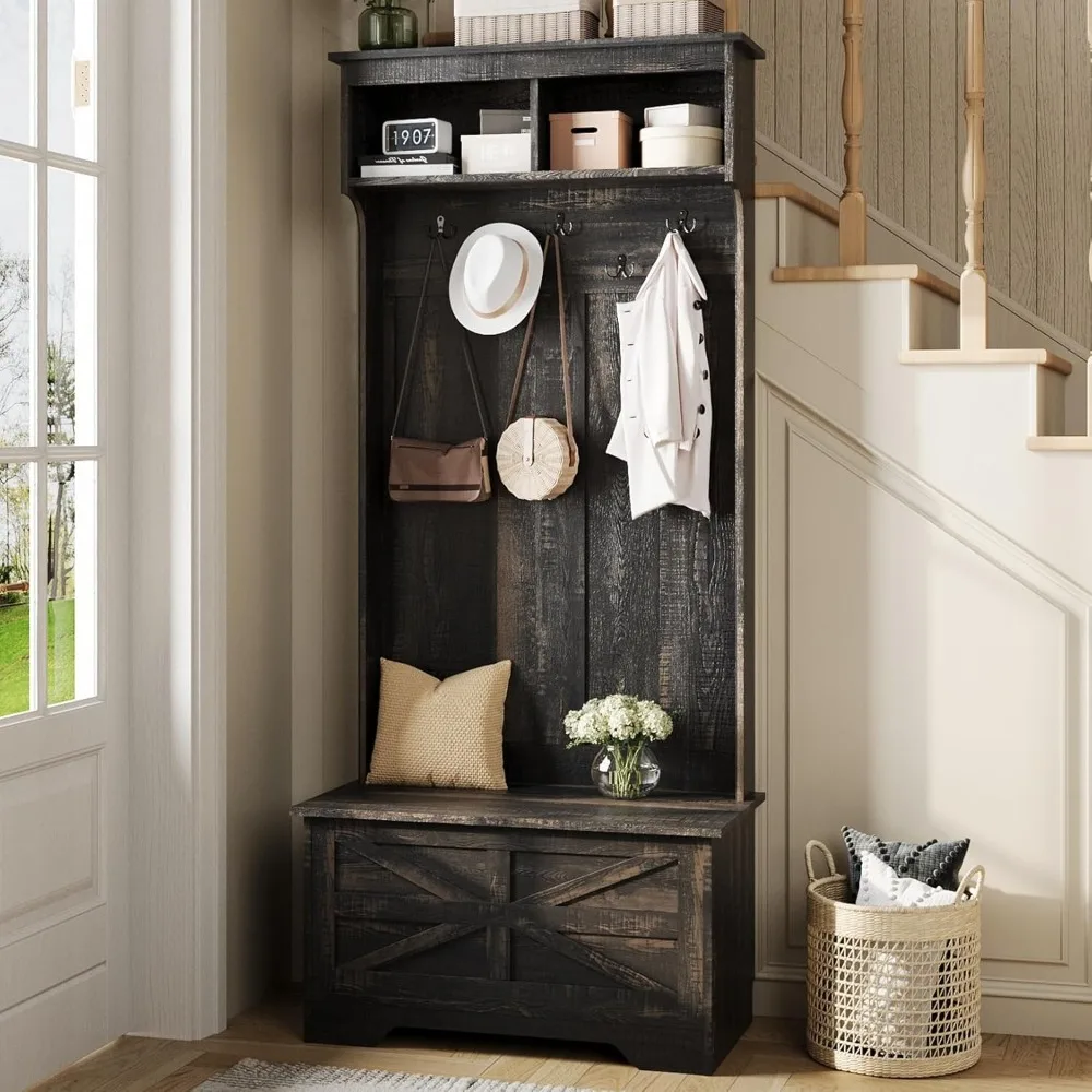 Storage Bench, 4-in-1 Coat Rack with Flip-top Door Storage Cabinet, Mudroom Organizer Seating, 6 Hooks, Smal