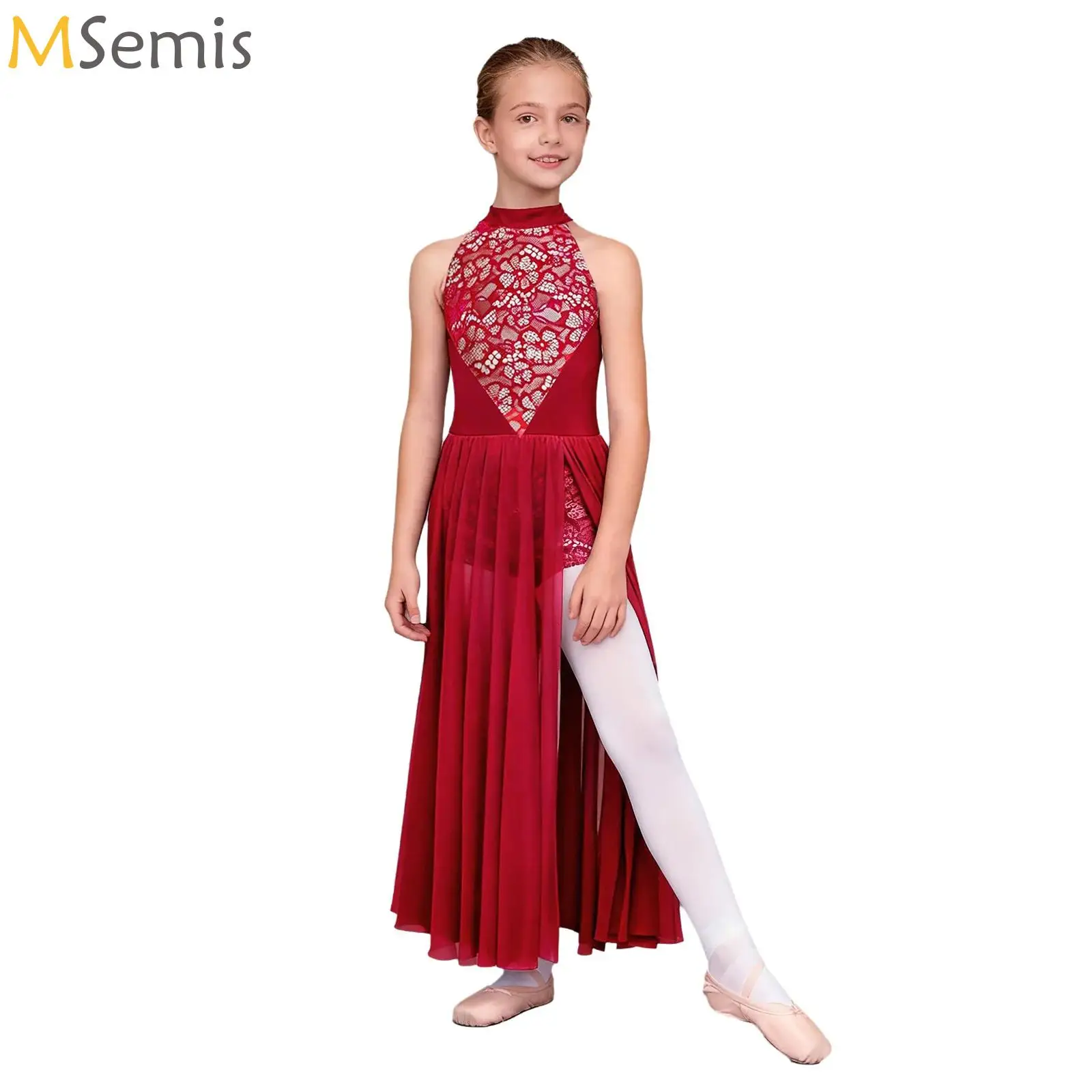 

Kids Girls Lyrical Dance Dress Halter Sleeveless Leotard Jumpsuit with Flowy Mesh Overlay for Lyrical Modern Dance Competition