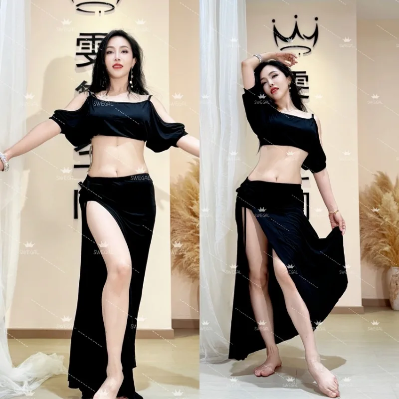 맞춤형 스웨갈 벨리댄스 연습복 동양 무용 의상 블랙 모달 배트 슬리브 탑과 드로스트링 롱 스커트