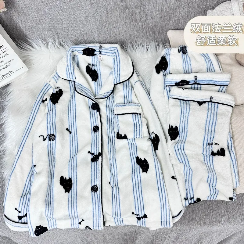 

Winter Warm flannel Sleepwear Set Cute Striped Kitten Cartoon Plush Long Sleeve Pants Set Large Loose Comfortable Home Clothes