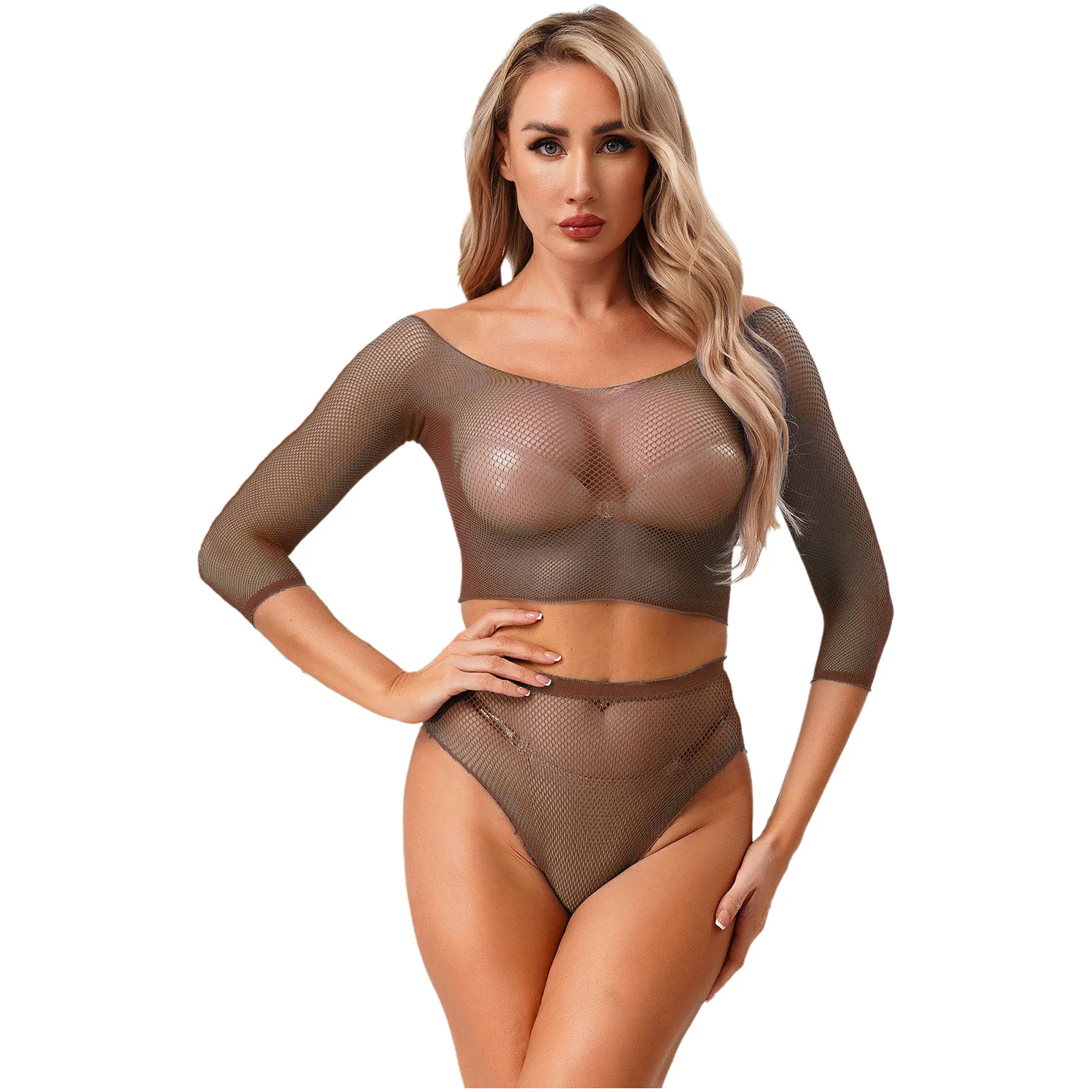 Women See Through Sheer Fishnet Lingerie Outfit Bikini Cover Up 2pcs Short Sleeve Crop Top And Briefs Set for Club Dating Night