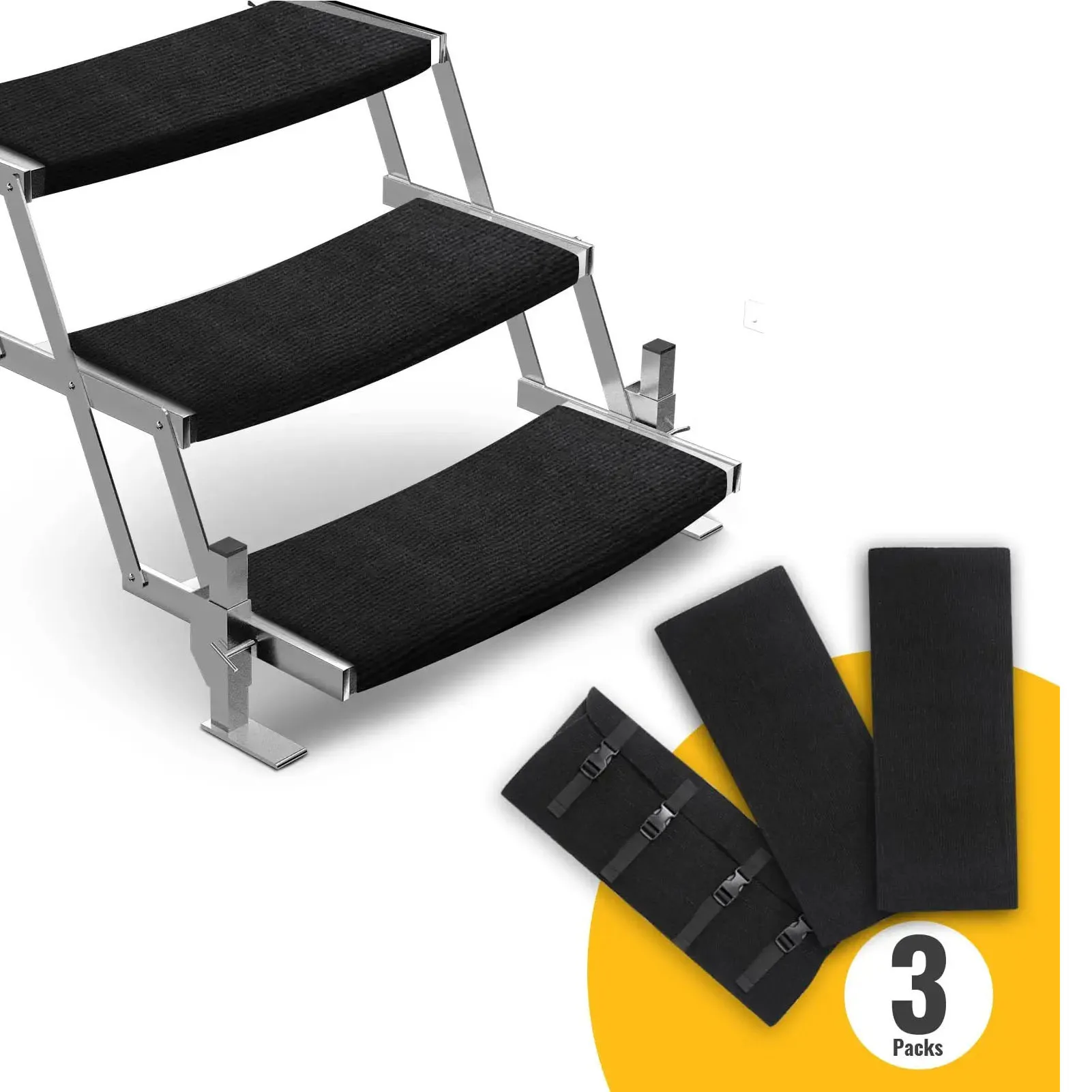 3Pcs RV Step Covers 22 X 20 Inch Black RV Step Rug Carpets for Curved Foot Ladder Manual Electrical Radius Stair RV Accessories