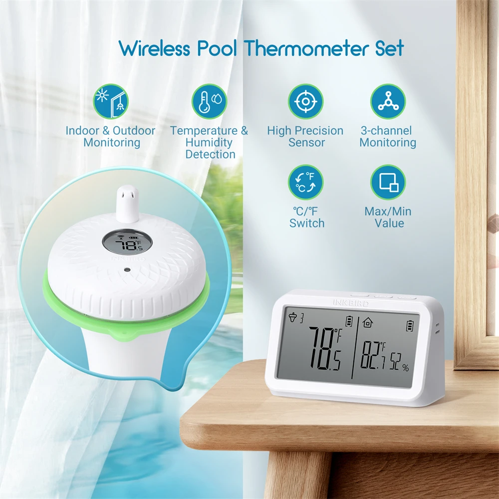 INKBIRD IPX7 Waterproof IBS-P02R Wireless Pool Thermometer Floating Pool Thermometer Set For Swimming Pools, Hot Tubs, Aquariums