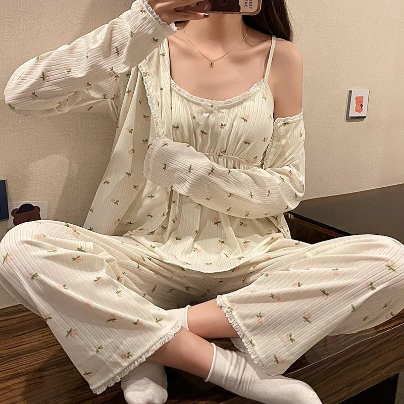 

Floral Print New Ladies Pajamas Set 3PCS Cardigan+Camisole+Pants Cotton Femme Sleepwear Sweet Spring Comfort Loose Homewear