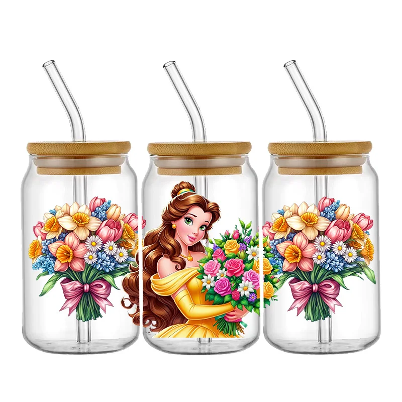 Stiker Transfer Kupu-kupu Lucu Putri Disney Stiker Pembungkus Mug DTF UV Tahan Air Stiker Pembungkus 3D DIY untuk Kaca Libbey 16Oz