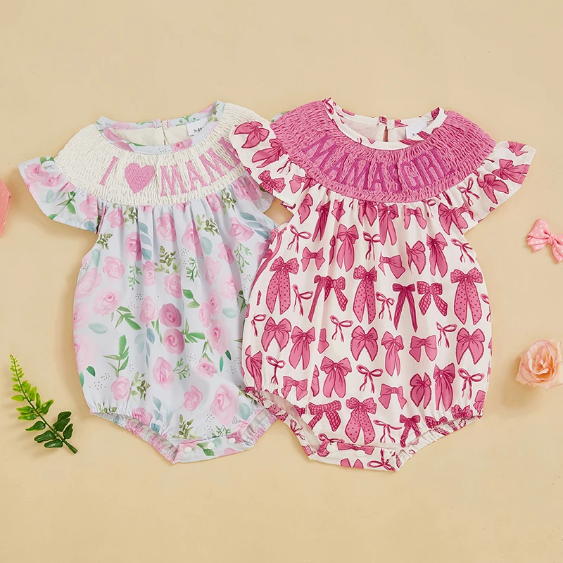 

0-18M Newborn Infant Baby Girls Romper Letter Embroidery Bow/Floral Print Round Neck Fly Sleeve Princess Jumpsuits Baby Clothes