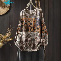 Vintage Printing Patchwork Sweater for Women Winter Fall Fashion O-neck Long Sleeve Loose Casual Pullover Knitting Pullover Tops