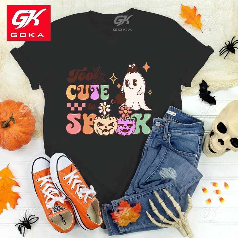 Premium Cotton T Shirt New Halloween Boo Too Cute To Spook Print T Shirts Women's Casual Cool Hip Hop Round Neck Tops Cool Tees