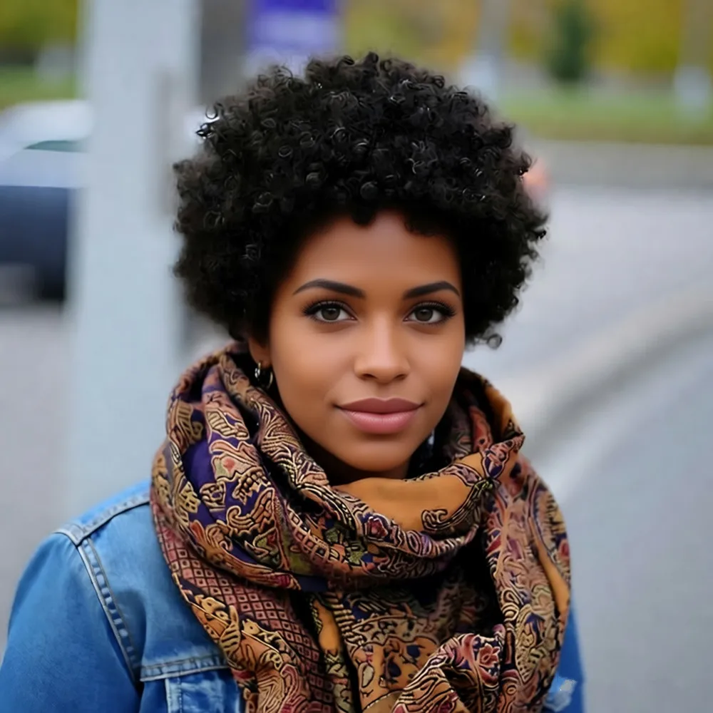 

Короткий парик-пикси с кудрями в стиле афро, 6 дюймов, коричневый цвет, парик-пикси из натуральных волос для женщин, машинная работа, парик из натуральных волос, плотность 150%