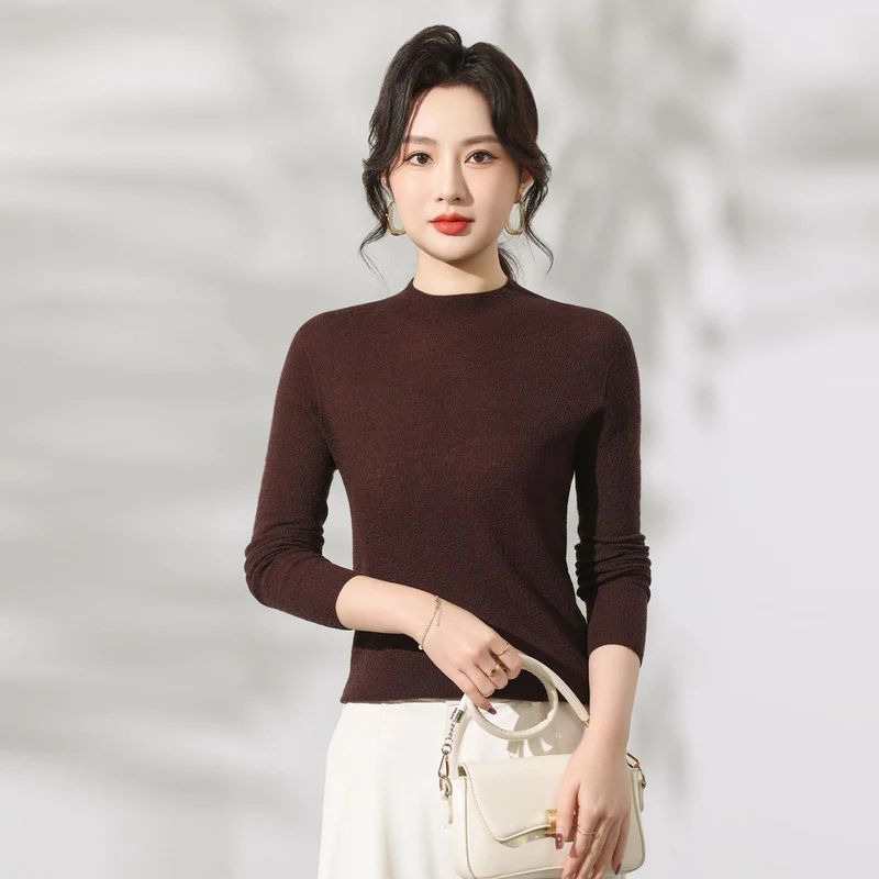 

Весенний женский свитер из 100% крученой шерсти, вязаный пуловер из пряжи Yangtze, приталенный топ с воротником-стойкой, блузка из камвольной шерсти