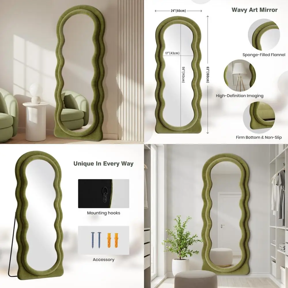 Miroir mural arqué ondulé pour tout le corps, 63x24 pouces, cadre en flanelle verte, miroir mural suspendu pour réflexion pleine longueur