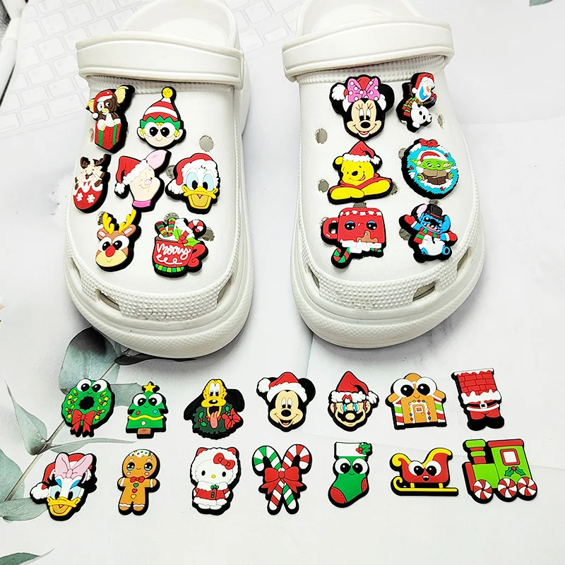 12-50Pcs MINISO Disney Christmas Shoes Charms PVC Shoe Accessories For Clogs Sandals Decoration Buckle Kids Friends Gifts