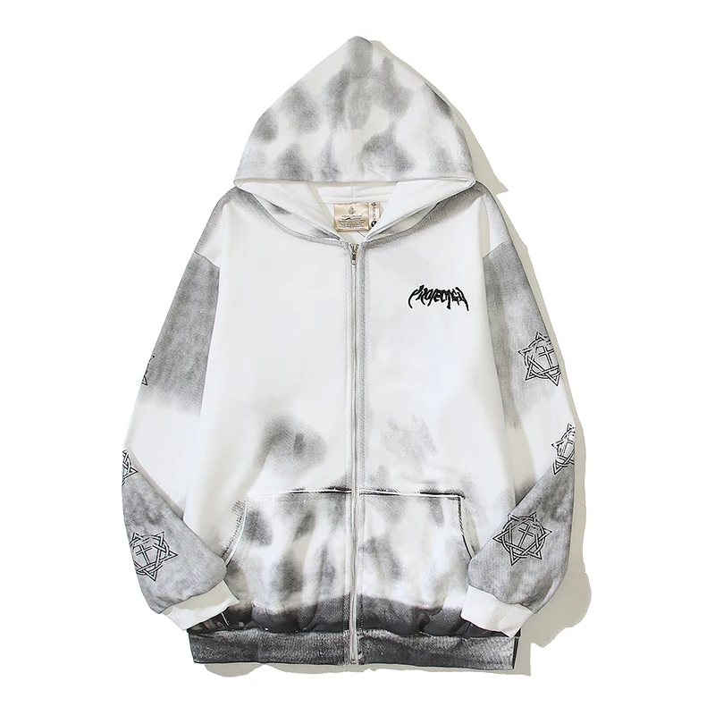 High Street Tie Dye Washed Letter Embroidery White Terry Hooded Jacket for Men and Women Ropa Hombre Baggy Casual Zipper Hoodies