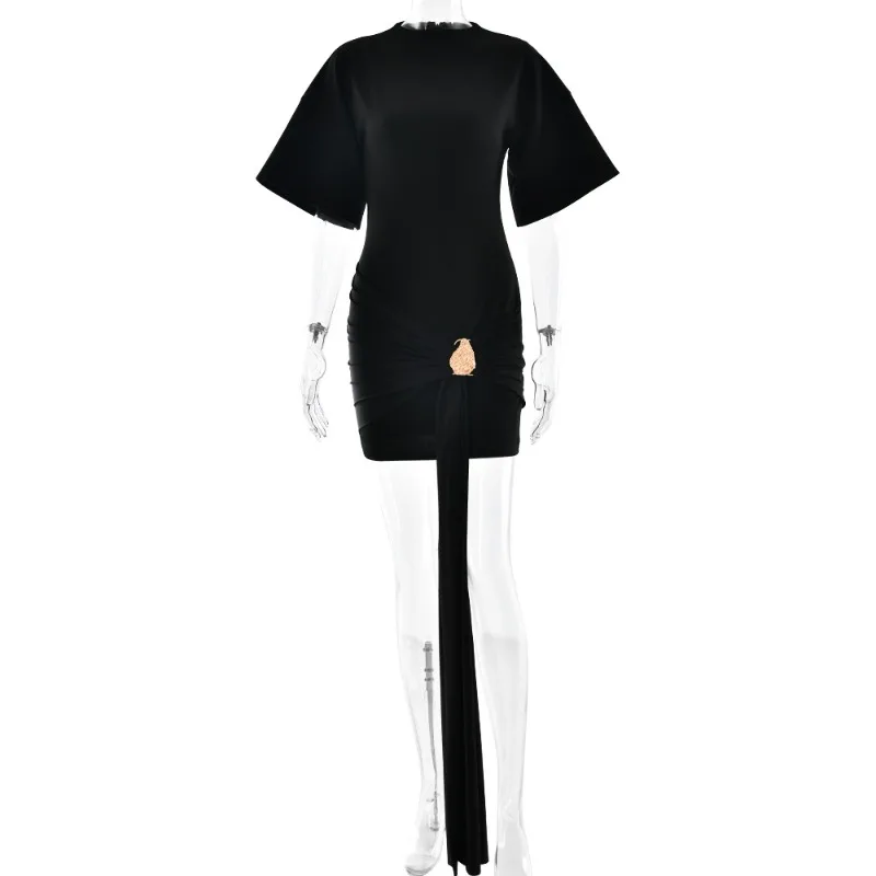 Metal Buckle Ruched Ribbon Women Sexy Mini Dress Solid O Neck Short Sleeve Bodycon Club Party Dresses Casual Streetwear Outfits