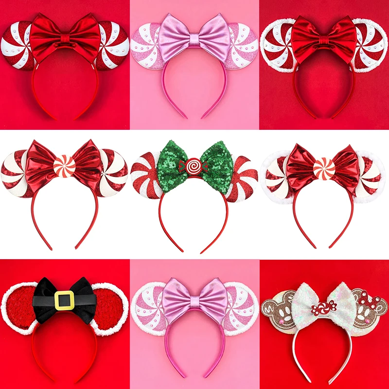 Disney Lollipop Candy Cane Mickey Mouse Ears Christmas Headbands for Kids Girls Women Elk Bows Hair Accessories Adults Hairbands