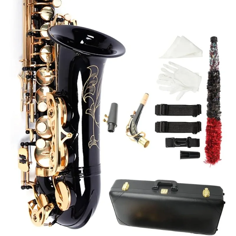 home. Alto Saxophone Drop E Brass Sax Full Kit for Student Beginners, Cleaning Cloth Bar, Detachable Strap, Shoulder Strap, Reed