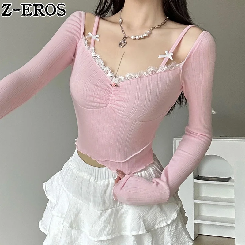 

Z-EROS Pure Desire Pink Square Neck Lace T-shirt Long sleeved Women's Bow Slim-Fit Strap Ear Edge Tops Y2K Coquette Sweet Tees