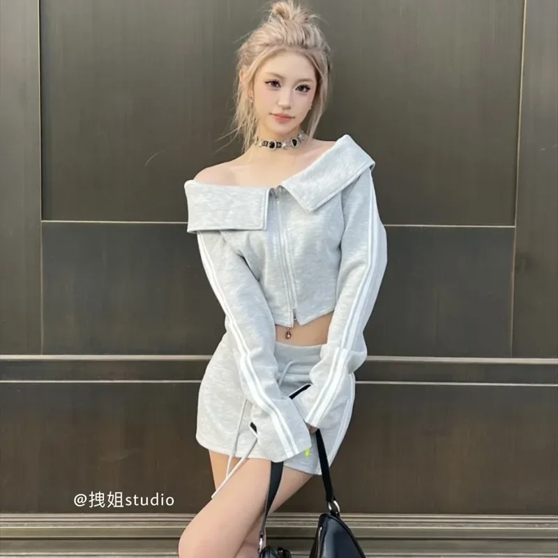 Off Shoulder Lapel Hoodies Skirt Two Piece Set Women American Spicy Girls Drawstring Solid Casual Slim Elastic Sports Short Suit