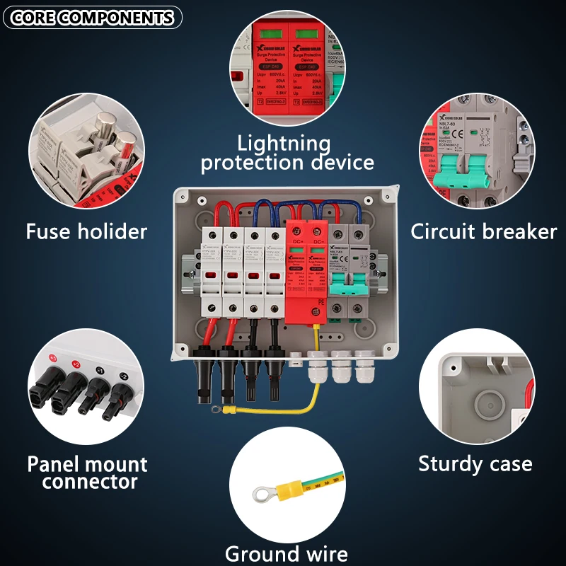 Solar PV Combiner Box With Full Copper Wire Lightning Protection 2 in 1 out DC 600V Fuse MCB SPD Waterproof Box IP65