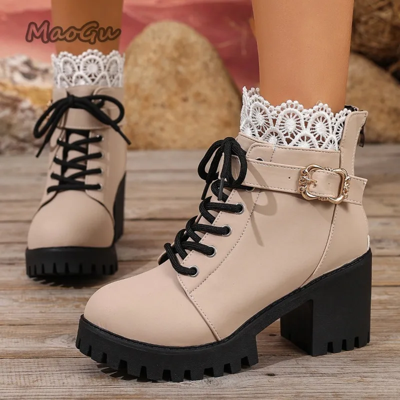 Women's 2025 Winter New British Style Lace-Up High Heel Ankle Boots Plus Size Chunky Platform Lace Short Boots Zapatos De Mujer