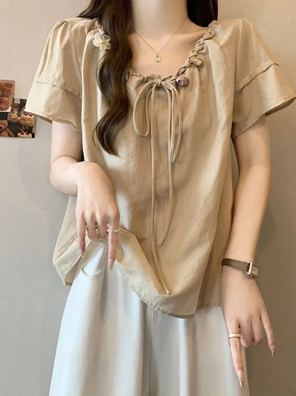 

plus Size Women's Bubble Sleeve Shirt with Bow Tie Loose Fit Summer Casual Style High Waist Design Skin-friendly Breathable