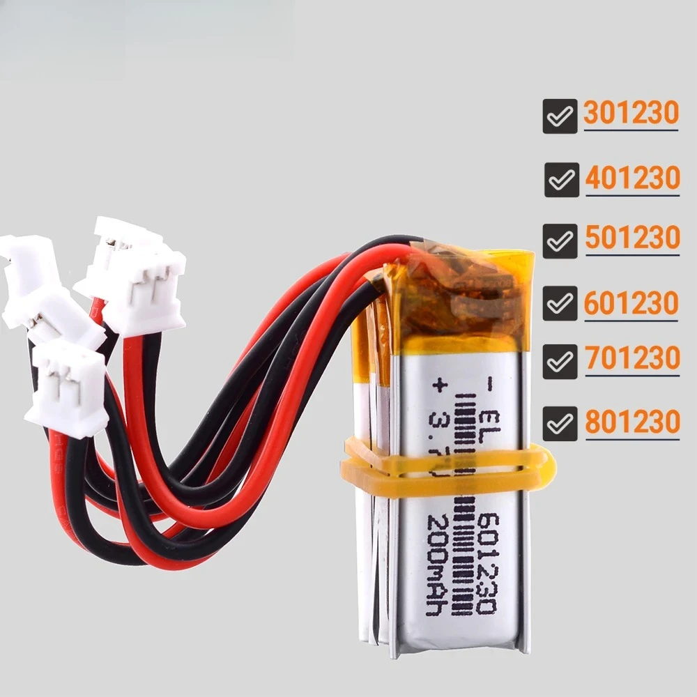 3.7V 200mAh 601230 Li-Po Battery JST 2.0 Connector Rechargeable Lipo For Toys 301230 401230 501230 701230 801230