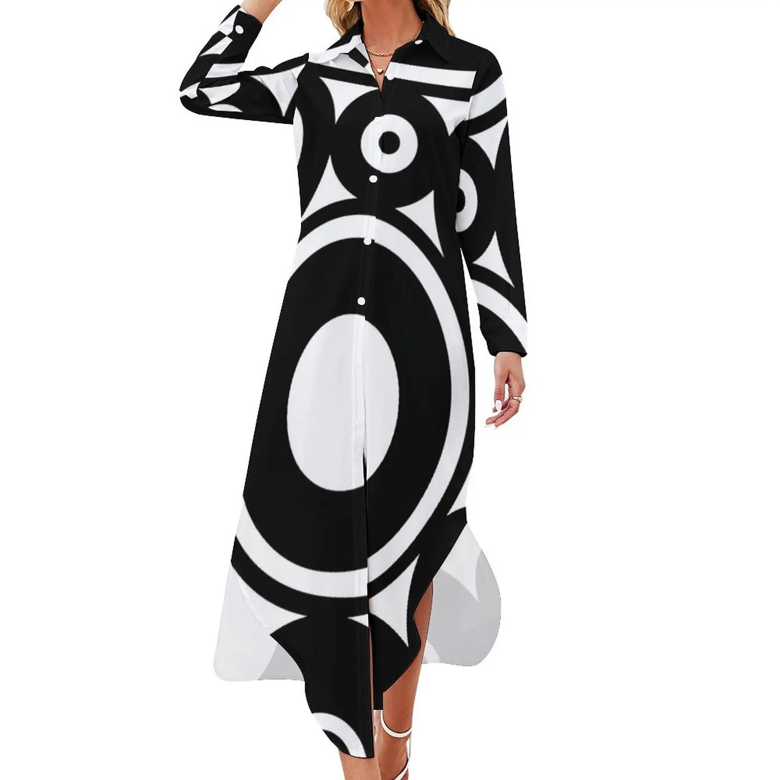 

Retro Black White Circles Pop Art Long Sleeved Shirt Dress summer dresses women long dresses dresses for women 2024