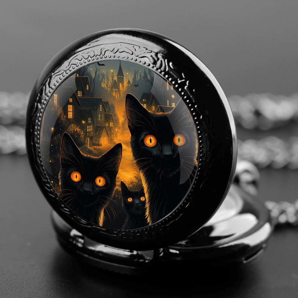 Reloj de bolsillo de cuarzo con diseño de gatos negros para hombre y mujer, con números árabes cúpula de cristal, cadena colgante, regalo de Halloween