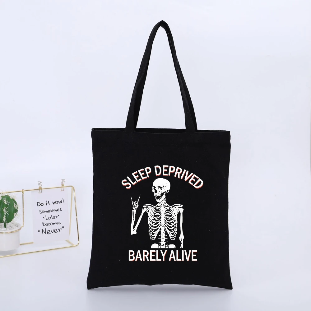 Skull Graphic Canvas Tote Bag with Typography Print, Urban Style for Daily Casual Use