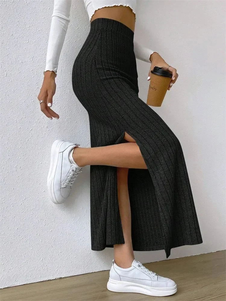 Women Rib-knit Side Split Maxi Skirt Autumn Spring Casual Elegant High Waist Straight Skirt