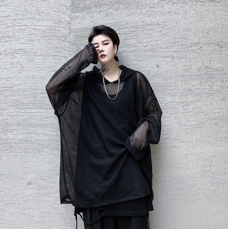 Japanese Men's Streetwear Silhouette Mesh Hooded Hollow Out T-shirt 2022 New Spring Summer Long Sleeve Oversized Top 2A0731