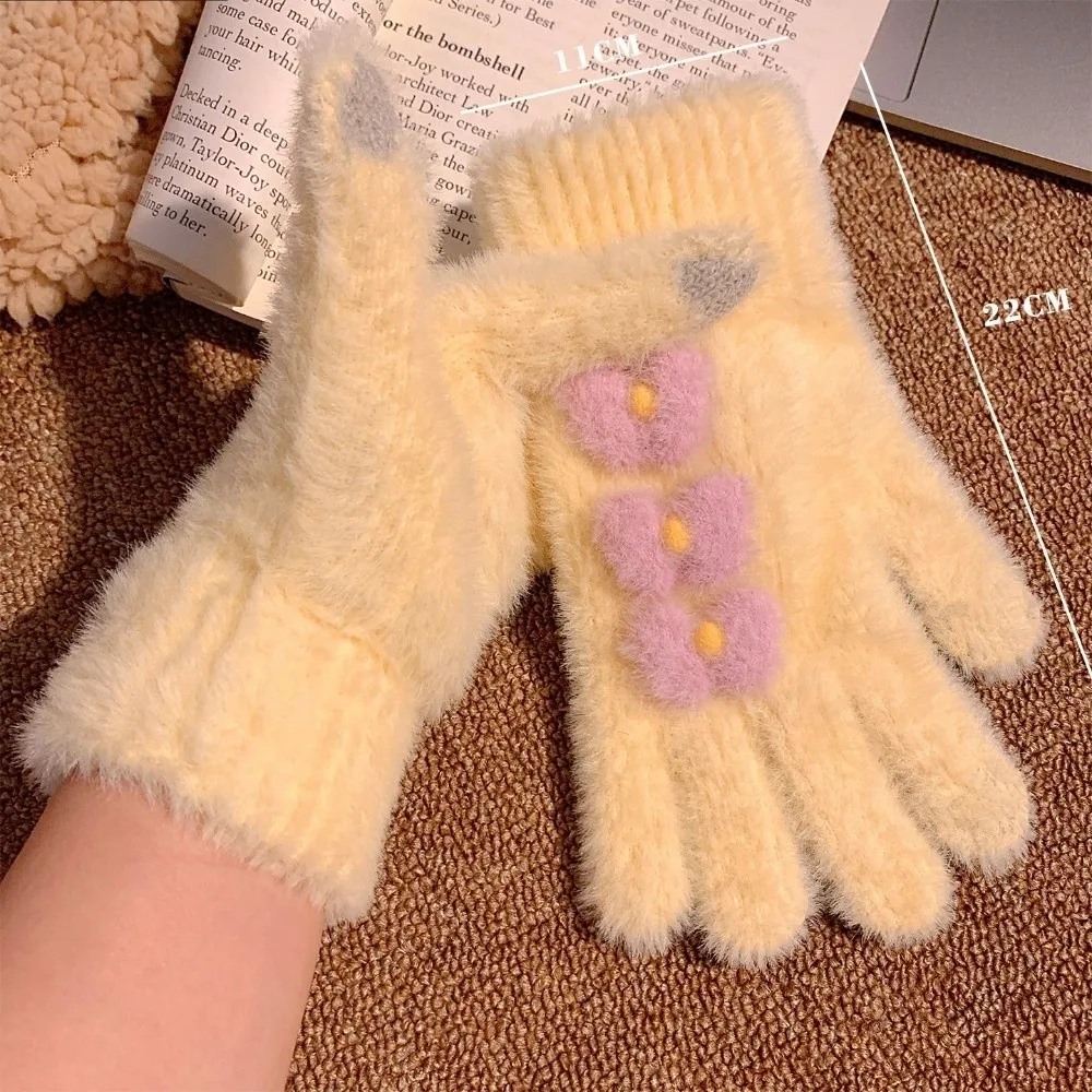 Fuzzy Bow Decorated Knitted Full Finger Gloves Cold Proof Polyester Touch Screen Gloves Stretchy Lining Warm Gloves For Women