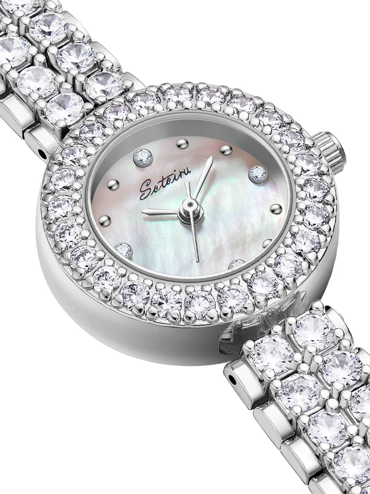 Sotoiru New Ladies Watches Women Luxury Silver Dress Watch Modern Round Quartz Wristwatch With Full Zircon Inlay Gifts For Women