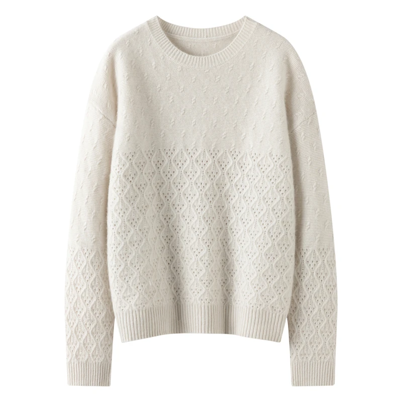 

Autumn Winter 100% Cashmere High Quality Women's O-neck Hollowed Pullover Sweater Casual Simple Soft Skin Friendly Knitted Top