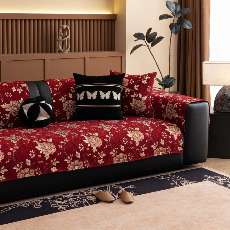 1Pc Peony Flower Print Chenille Sofa Cover for Living Room Non-slip Universal Couch Slipcovers Pet Kids Chair Mat for Home Decor