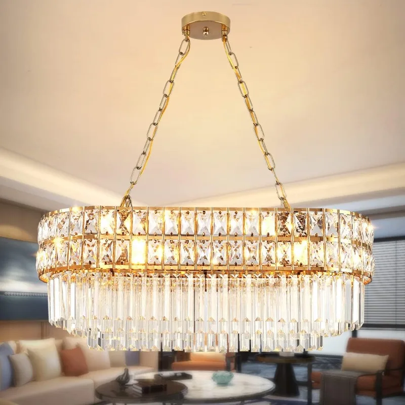 Modern Crystal Chandelier Gold Finish Light Fixture, Oval Crystal Pendant Light Hanging Lamp E12 x 8, 29.5 x 13 inch